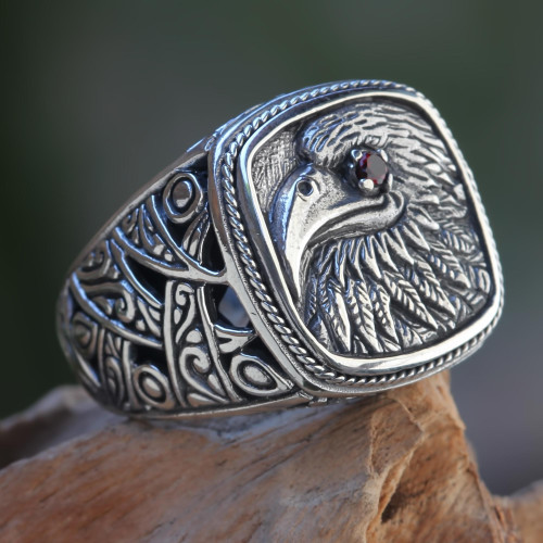 Eagle Theme Handcrafted Sterling Silver and Garnet Ring 'Java Eagle'