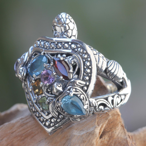 Artisan Crafted Balinese Turtle Theme Ring with Gemstones 'Turtle in Paradise'