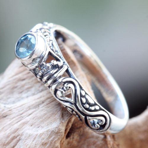Blue Topaz Artisan Crafted Bali Silver Solitaire Ring 'Hearts Connected'