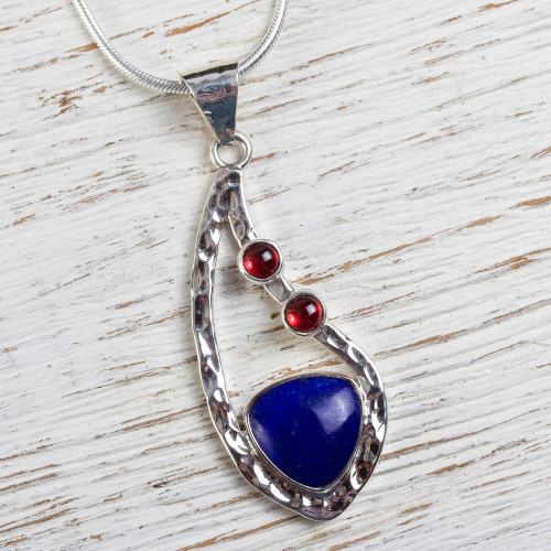 Sterling Silver Necklace with Lapis Lazuli and Garnet 'Serendipity'