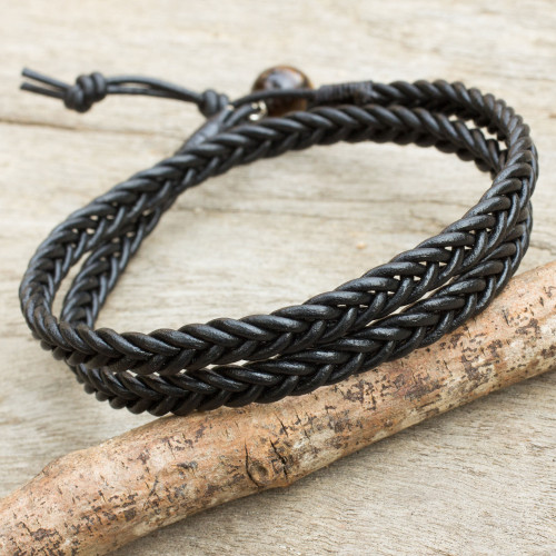 Mens Hand Braided Black Leather Wrap Bracelet 'Double Ebony'