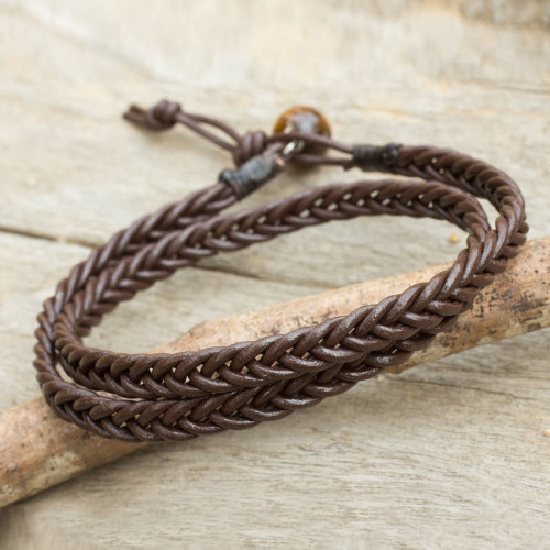 Men's Hand Braided Brown Leather Wrap Bracelet - Double Cinnamon