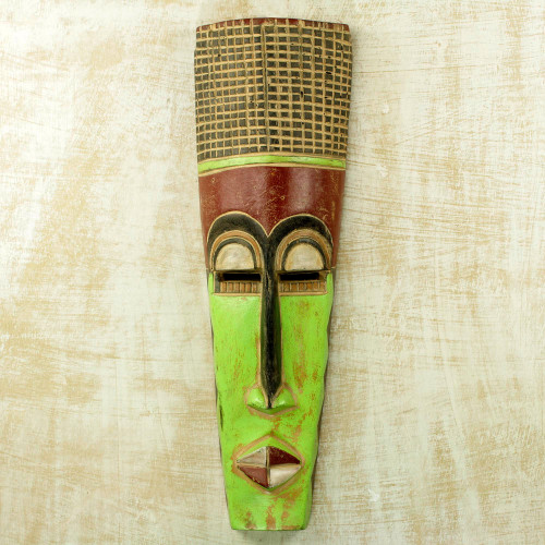 Slender 20-Inch Hand Carved Neon Green West African Mask 'Tall Man'