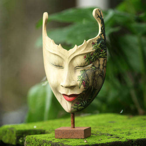 Hand Painted Modern Balinese Mask and Stand 'Queen of Elephants'