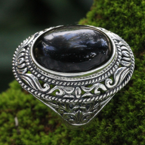 Ornate Handcrafted Onyx and Silver Bali Cocktail Ring 'Amed Eclipse'