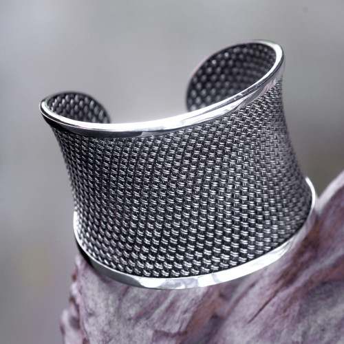 Handcrafted Sterling Silver Woven Cuff Bracelet 'Bamboo Lattice'