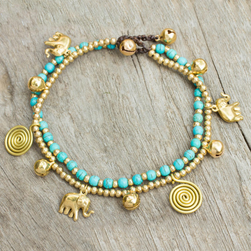 Calcite Bell Anklet with Brass Beads and Charms 'Elephant Bells'