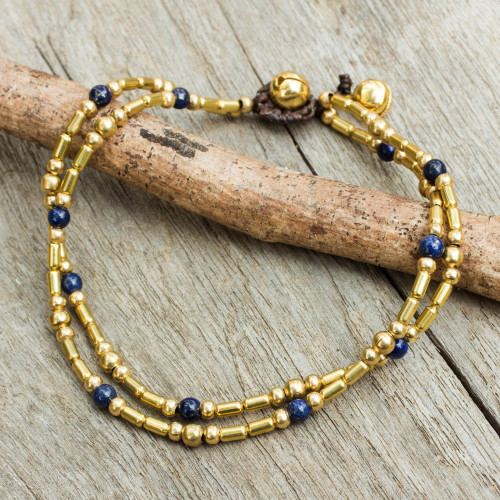 Double Strand Brass Bead Anklet with Lapis Lazuli 'Golden Bell'