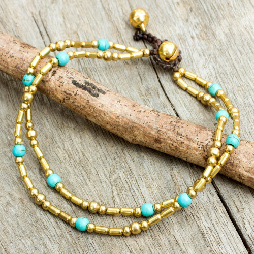 Thailand Blue Calcite Double Strand Brass Bead Anklet 'Golden Bell'