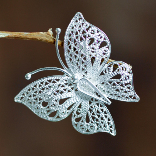 Filigree Butterfly Brooch Pin Handmade in Sterling Silver 'Catacos Butterfly'