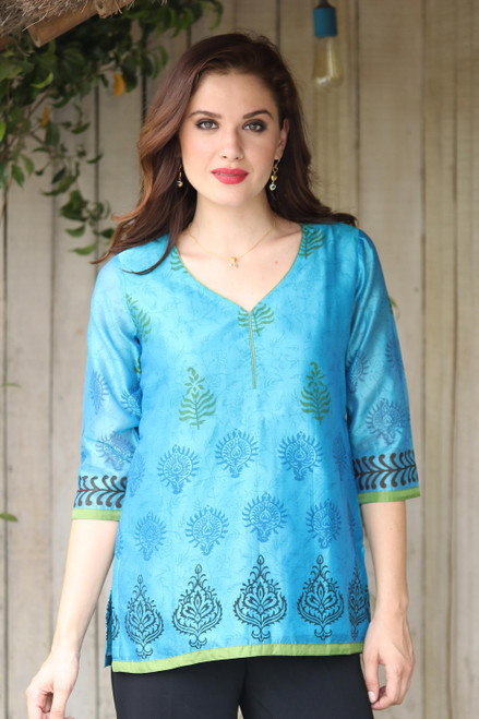 Cotton Silk Chanderi Tunic in Turquoise with Block Prints 'Turquoise Temptress'