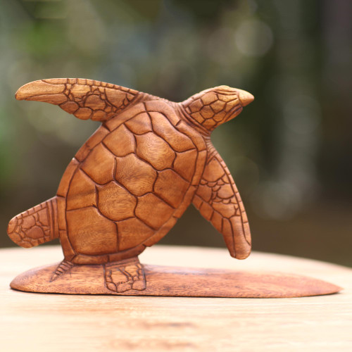 Hand Carved Wood Sculpture Turtle on Surf Board from Bali 'Surfer Turtle'
