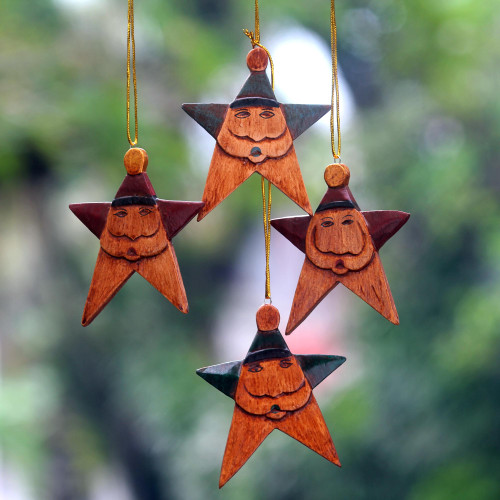 Santa Claus Star Ornaments in Maroon and Green Set of 4 'Maroon Green Santa Stars'