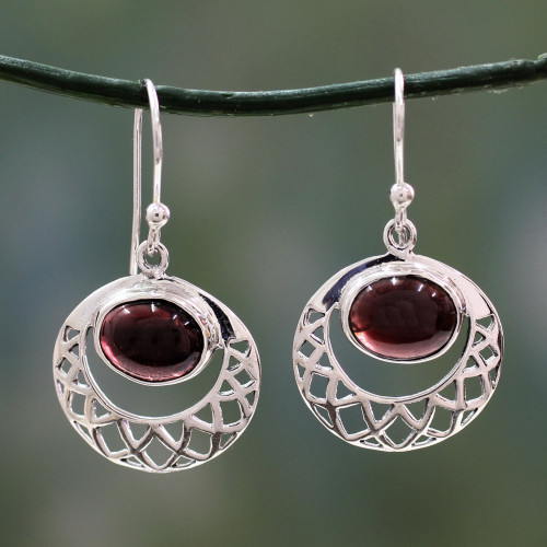 Sterling Silver Jali Earrings with Garnets Crafted by Hand 'Web of Hope'