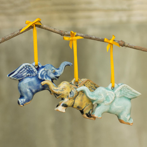 Hand Crafted Ornaments in Celadon Ceramic Set of 3 'Flying Elephants'
