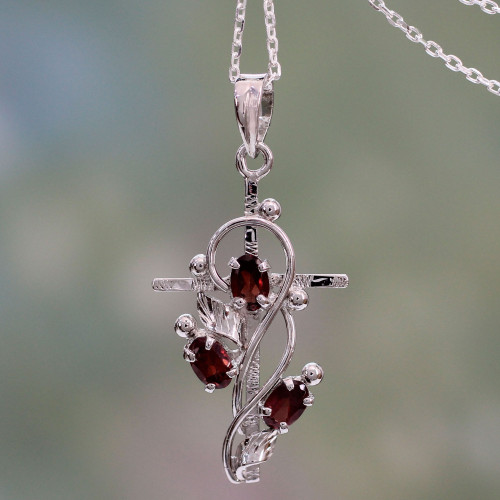 Garnet and Silver Cross Pendant Necklace from India 'Sacred Trinity'