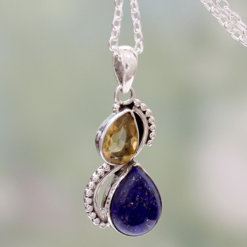 India Silver and Lapis Lazuli Necklace with Faceted Citrine 'Two Teardrops'