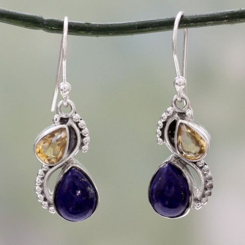 Silver and Lapis Lazuli Earrings with Faceted Citrine 'Two Teardrops'