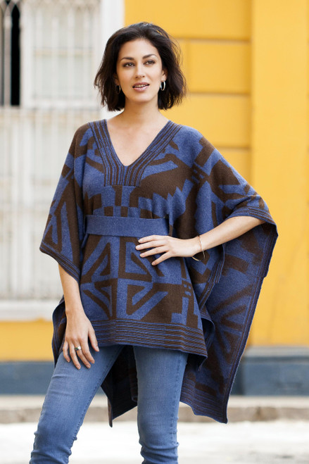 Knitted Alpaca Poncho with Belt in Blue and Brown 'Andean Geometry'