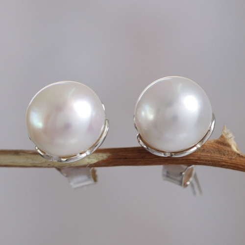 Handcrafted Cultured Pearl Stud Earrings 'Nascent Flower'