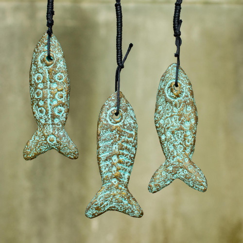 Handmade Recycled Paper Fish Buddhism Ornaments Set of 3 'Happiness Fish'