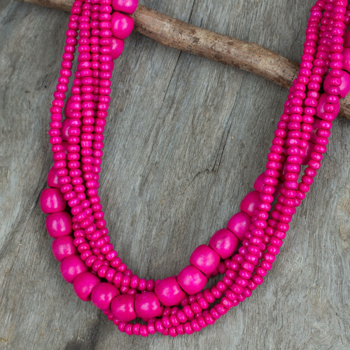 Fair Trade Long Wood Beaded Hot Pink Strand Necklace 'Tropical Dance'
