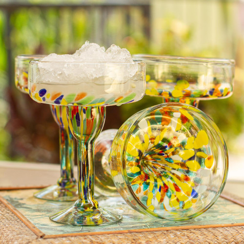 Set of 6 Multicolor Hand Blown Glass Margarita Glasses 'Confetti Festival'
