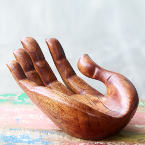 Signed Handcarved Wood Hand Sculpture from Bali 'Praise and Gratitude'