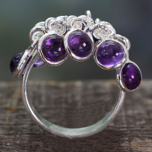 India Artisan Crafted Sterling Silver Ring with 10 Amethysts 'Festive Style'