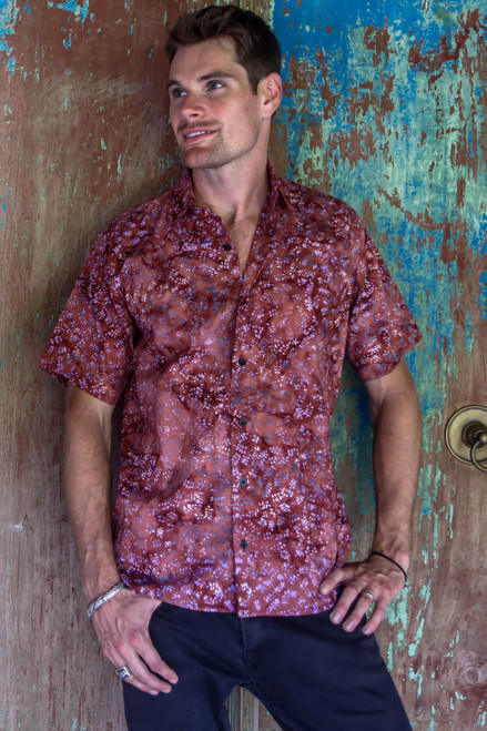 Fair Trade Men's Cotton Batik Shirt in Reds from Bali 'Light and Shadow'