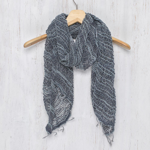 Blue Gray Open Weave Cotton Scarf Handmade in Thailand 'Winter Melange'
