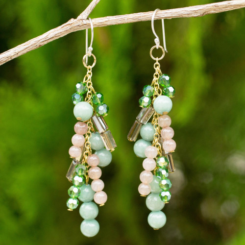 Quartz and Glass Bead Waterfall Earrings in Green Shades 'Brilliant Cascade'