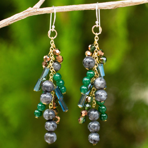 Waterfall Style Earrings with Labradorite and Quartz Beads 'Brilliant Cascade'