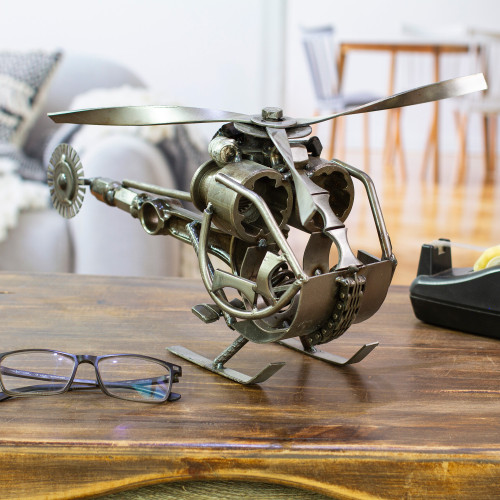 Handcrafted Helicopter Sculpture of Recycled Auto Parts 'Helicopter'