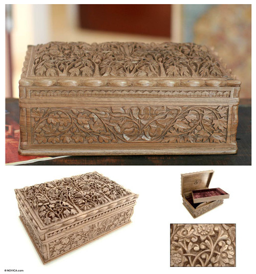 Floral Wood Jewelry Box from India 'Floral Dance'