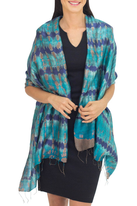 Thai Artisan Crafted Teal and Blue Tie Dyed Silk Shawl 'Teal Reflecting Pools'