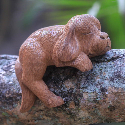 Sleepy Cocker Spaniel Puppy Sculpture Hand Carved in Wood 'Long-Haired Cocker Spaniel'