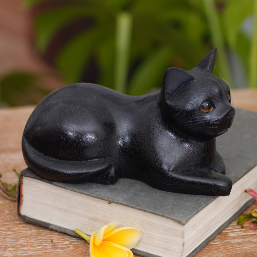 Artisan Crafted Black Cat Sculpture from Indonesia 'Stay Calm Black Cat'