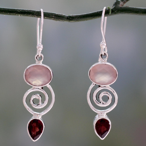 Silver Dangle Earrings with Rose Quartz and Garnet Stones 'Romantic Journey'