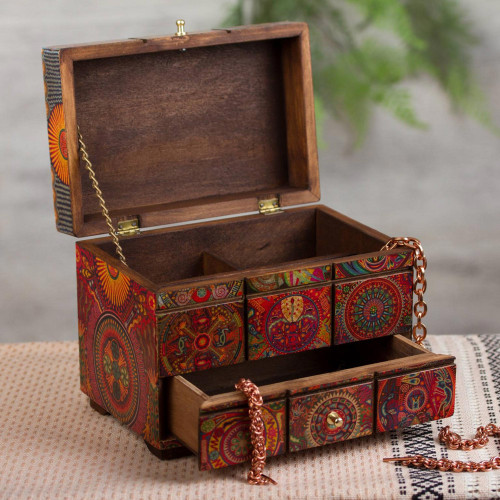 Multicolor Huichol Theme on Decoupage Jewelry Box 'Huichol Portal'