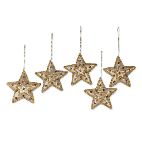 Gleaming Gold Stars Christmas Beadwork Ornaments Set of 5 'Glorious Star'