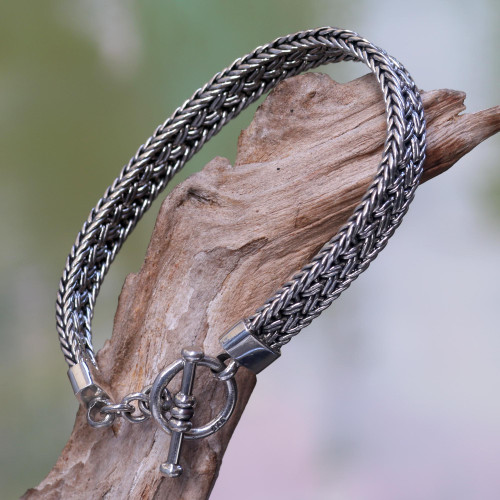 Balinese Braided Sterling Silver Bracelet with Toggle Clasp 'Tukad Pakerisan'