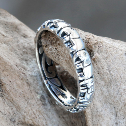 Elephant Themed Band Ring Crafted from Sterling Silver 'Elephant Trek'