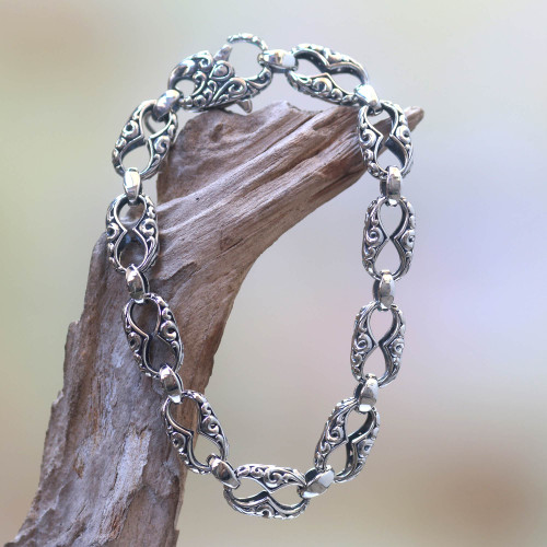 Hand Engraved Sterling Silver Link Bracelet from Bali 'Fern Connection'