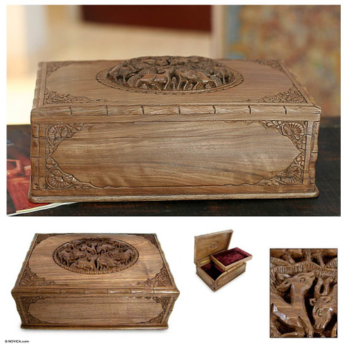 Hand Carved Wood Jewelry Box 'A Walk in the Forest'