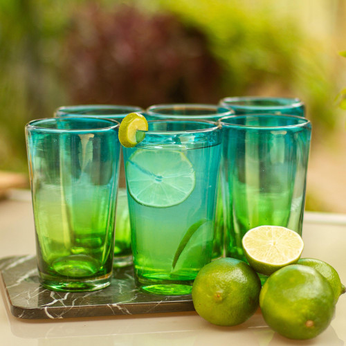6 Artisan Crafted Blue Green Blown Glass Highball Glasses 'Aurora Tapatia'