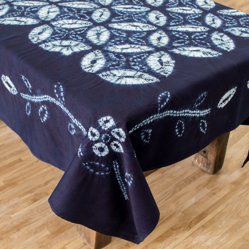 Flower of Life Indigo Cotton Batik Hand Crafted Tablecloth 'Flower of Life'