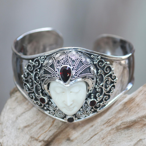 Artisan Crafted Carved Bone and Silver Cuff with Garnets 'Jungle Princess'