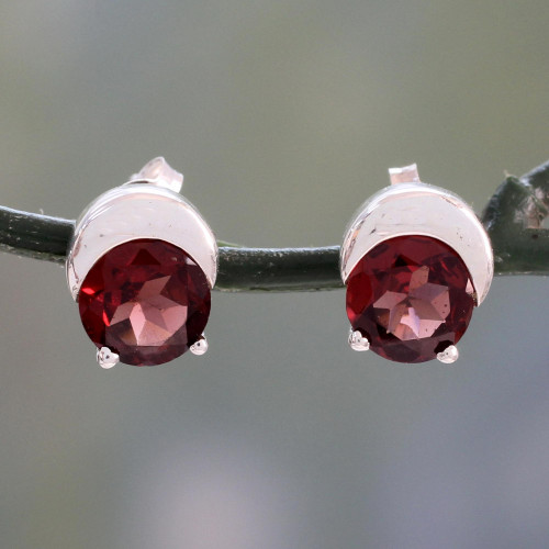 Sterling Silver and Garnet Stud Earrings from Indian Artisan 'Beneath the Moon'