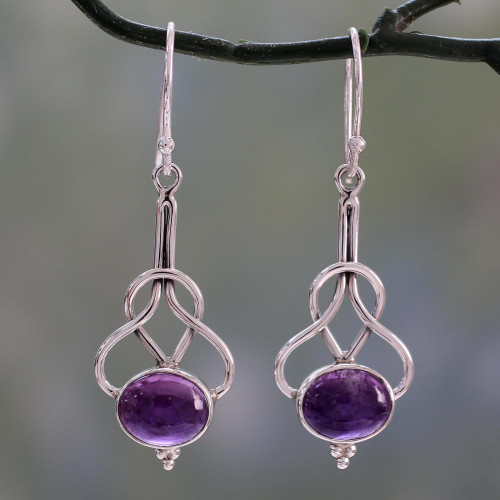 Dangle Earrings with Amethyst Cabochons in Sterling Silver 'Wisdom Path'